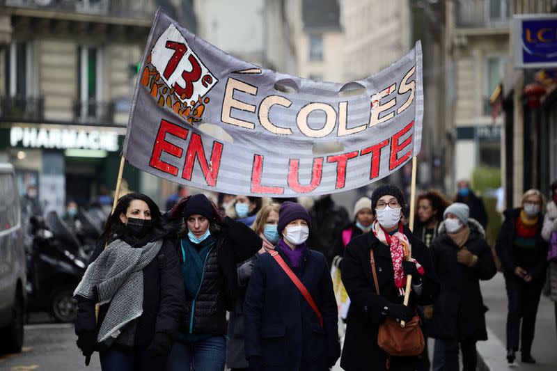 French teachers attend a nationwide day of strike and protests in France