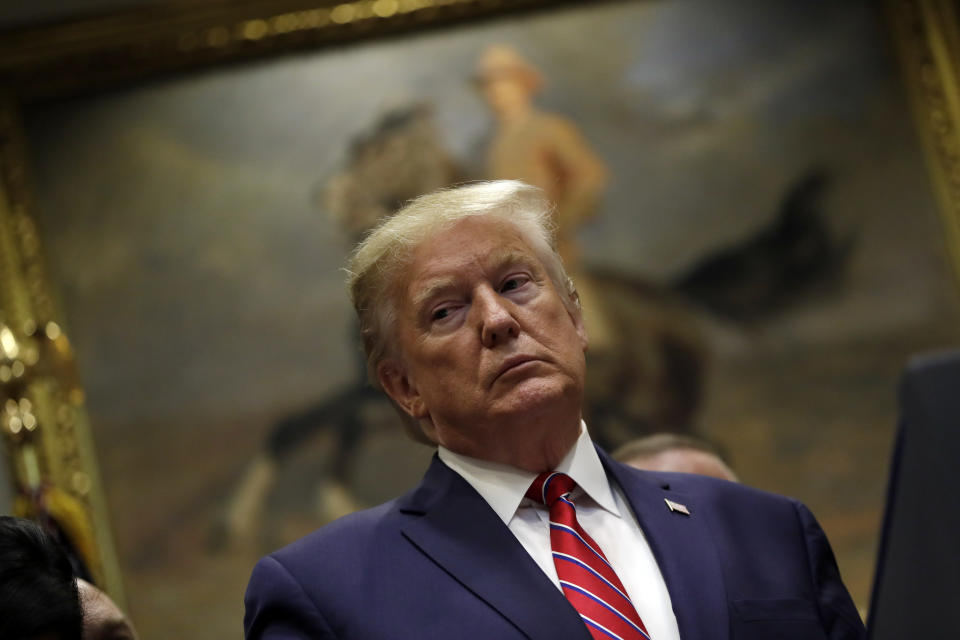 President Donald Trump attends an event on healthcare prices in the Roosevelt Room of the White House, Friday, Nov. 15, 2019, in Washington. (AP Photo/ Evan Vucci)