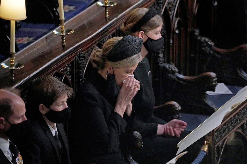 The Earl of Wessex, James Viscount Severn, the Countess of Wessex and Lady Louise Windsor during the funeral of the Duke of Edinburgh in St George's Chapel, Windsor Castle, Berkshire. Picture date: Saturday April 17, 2021.