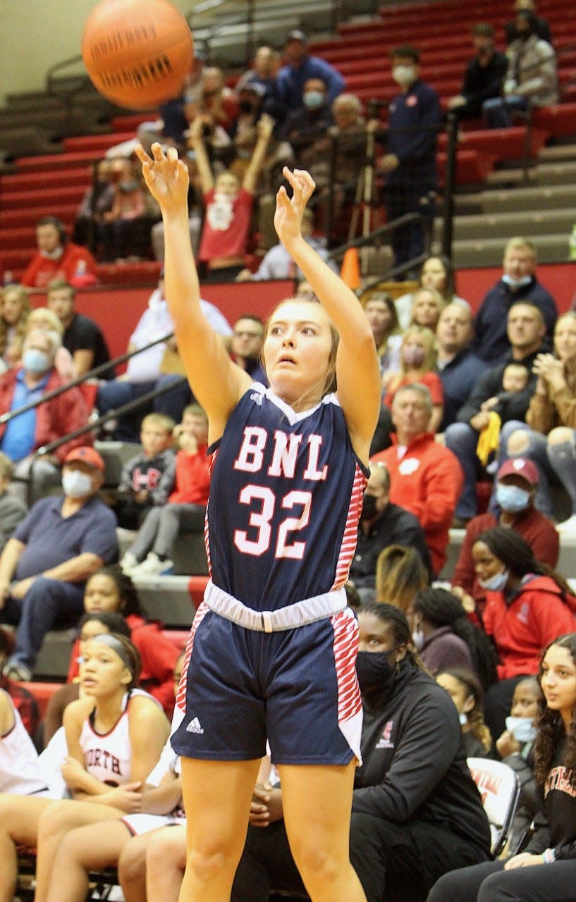 BNL's Madisyn Bailey drills a 3-pointer in the win at Indianapolis North Central.