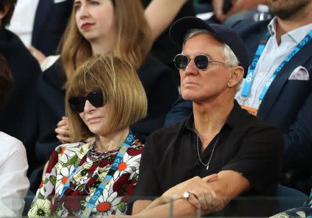 Tennis - Australian Open - Quarter-final - Melbourne Park, Melbourne, Australia, January 23, 2019. Vogue editor Anna Wintour and director Baz Luhrmann attend the match between Japan's Kei Nishikori and Serbia's Novak Djokovic. REUTERS/Lucy Nicholson