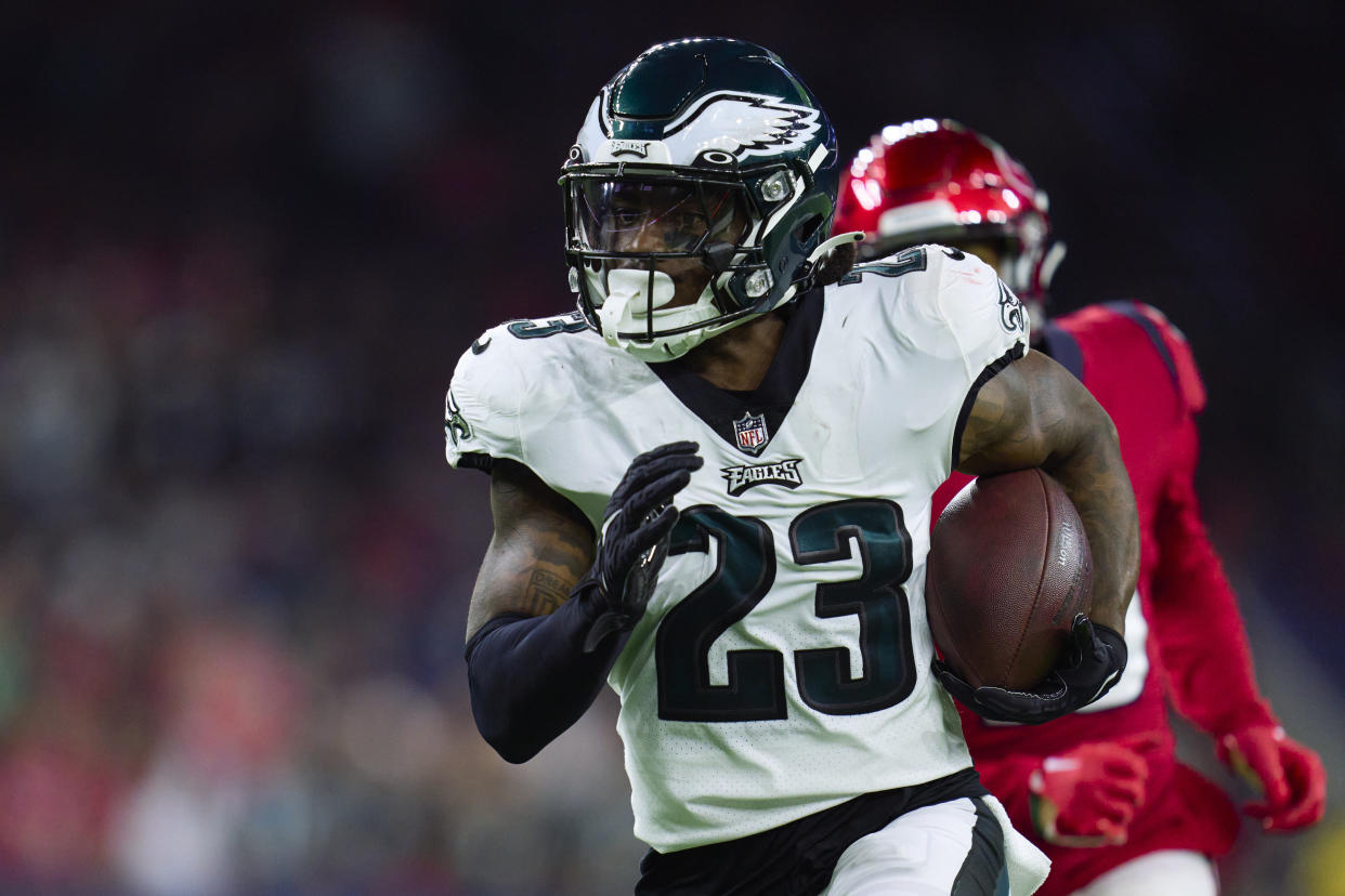 HOUSTON, TX - NOVEMBER 03: C.J. Gardner-Johnson #23 of the Philadelphia Eagles runs with the ball after an interception against the Houston Texans during the second half at NRG Stadium on November 3, 2022 in Houston, Texas. (Photo by Cooper Neill/Getty Images)