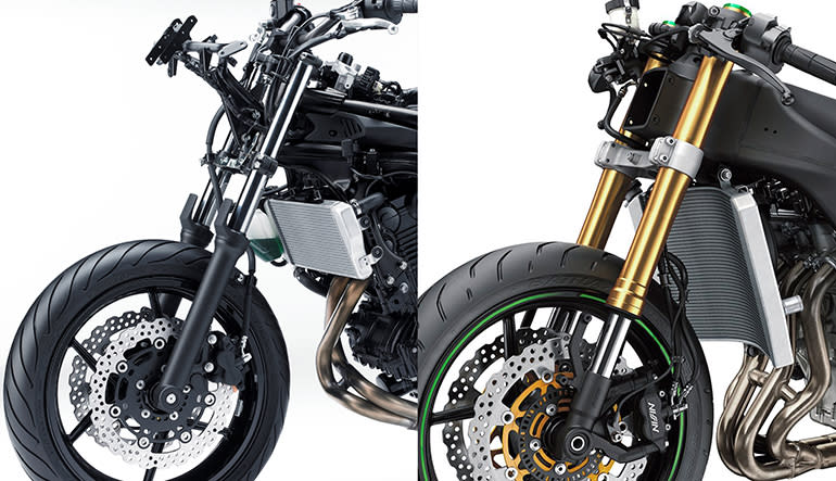 While these are both cut-aways of brand new motorcycles, the best performing suspension typically uses inverted forks (pictured right).