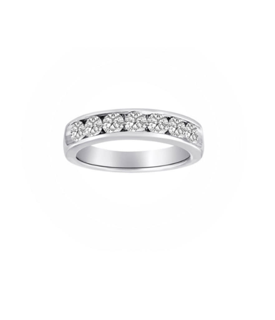 <p>Diamond band with round diamonds; price upon request, <a href="http://www.forevermark.com/en-US/products/galili-7-stone-ring-channel-setting-r7sch-2205/" rel="nofollow noopener" target="_blank" data-ylk="slk:forevermark.com;elm:context_link;itc:0;sec:content-canvas" class="link ">forevermark.com</a></p>