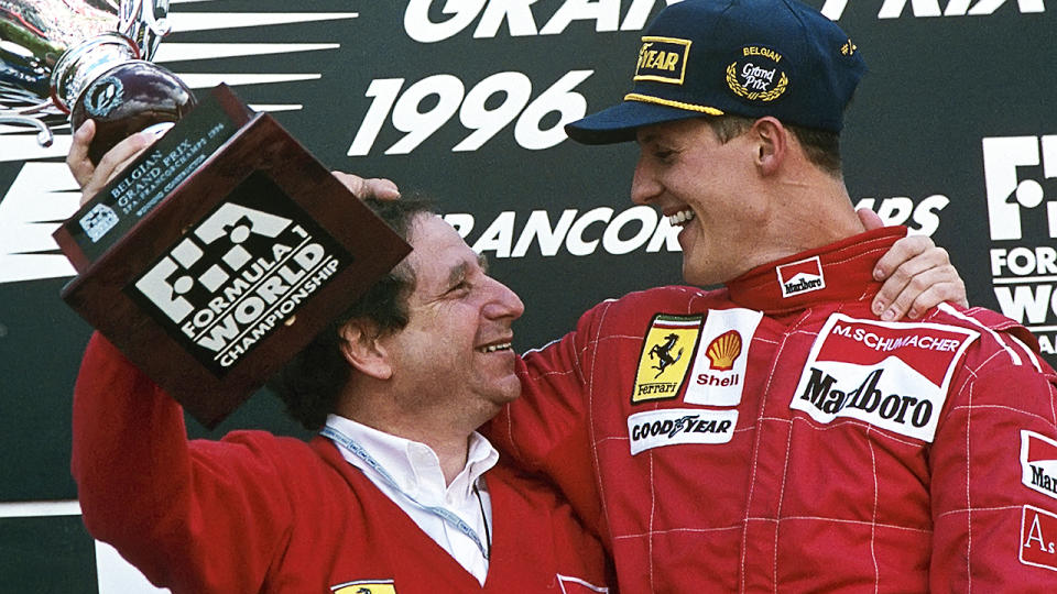 Jean Todt and Michael Schumacher, pictured here at the 1996 Belgian Grand Prix.