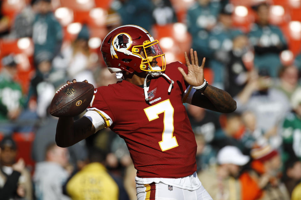 Washington Redskins quarterback Dwayne Haskins warming up before the start of the first half of an NFL football game, Sunday, Dec. 15, 2019, in Landover, Md. (AP Photo/Patrick Semansky)