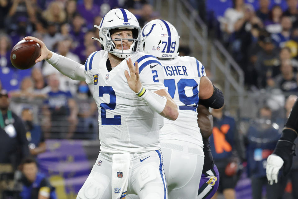 Indianapolis Colts quarterback Carson Wentz threw for a career-high 402 yards against the Baltimore Ravens. (Geoff Burke/USA TODAY Sports)