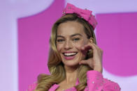 Margot Robbie poses for the media prior to a news conference of the movie "Barbie." in Seoul, South Korea, Monday, July 3, 2023. The film is to be released in the country on July 19. (AP Photo/Lee Jin-man)