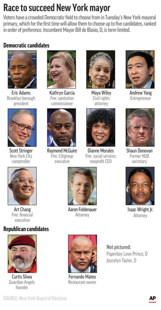 The field of candidates in Tuesday&#x002019;s New York mayoral primary. (AP Graphic)