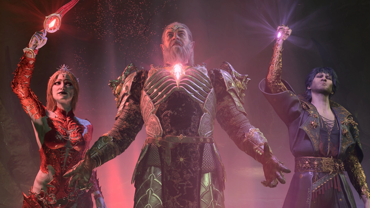  The three central villains of Baldur's Gate 3 pose dramatically with stones of power. 