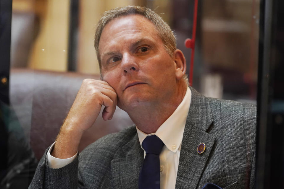 Virginia State Sen. Bill DeSteph, R-Virginia Beach, looks at the vote tally board during the Senate session at the Capitol Thursday Jan. 27, 2022, in Richmond, Va. A Virginia Senate committee killed legislation, sponsored by DeSteph, that would have required parental consent for students to check out sexually explicit books from school libraries. (AP Photo/Steve Helber)