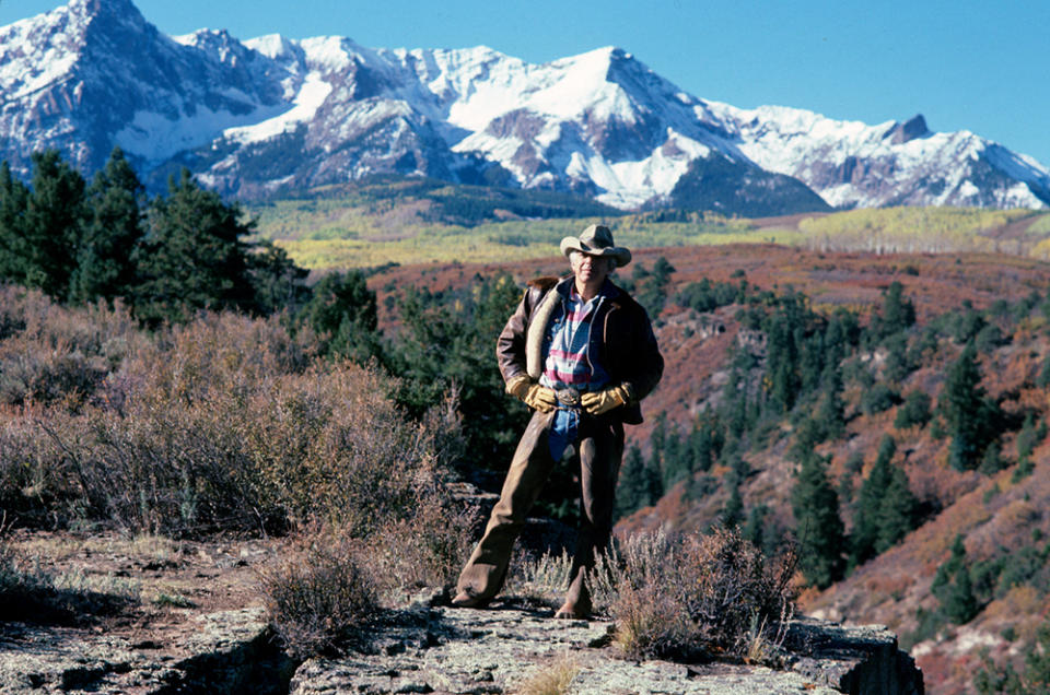 Outtake; Fashion designer Ralph Lauren on the range of the "Double RL" ranch, Lauren's 10-thousand-acre ranch deep in the mountains of southern Colorado, his vision of the Western good life named for Ralph and his wife Ricky on October 7, 1985 in Ridgway, Colorado...Article title: "Eye View: Home on the Range with Ralph"