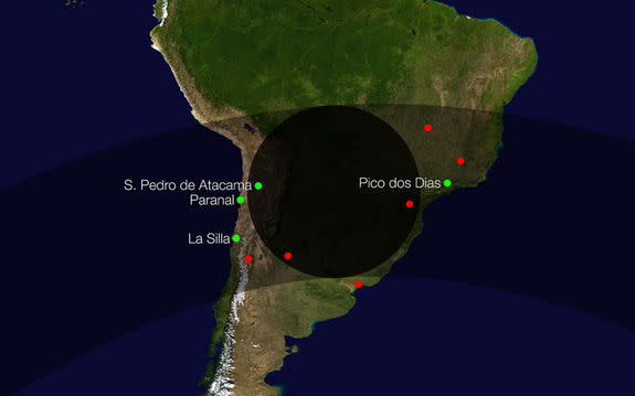 This diagram shows the path of the shadow of the dwarf planet Makemake during an occultation of a faint star in April 2011, which revealed that it lacked an atmosphere. Several sites in South America, including ESO’s La Silla and Paranal Observ