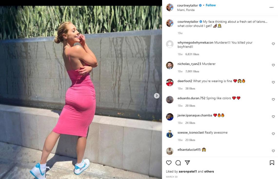 Courtney Tailor’s last Instagram post on March 30, 2022. The model posed an image of herself posing in a pink dress against a wall in Miami Beach. “My face thinking about a fresh set of talons… what color should I get?” she asked her followers.