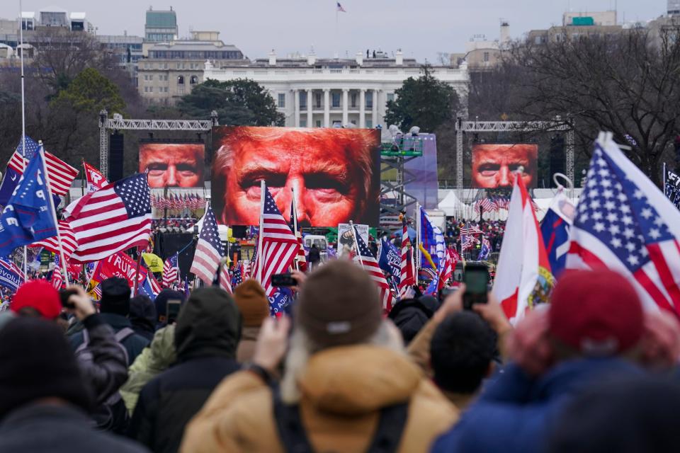 President Donald Trump urges supporters to march to the Capitol at a rally on Jan. 6, 2021, in Washington, D.C.