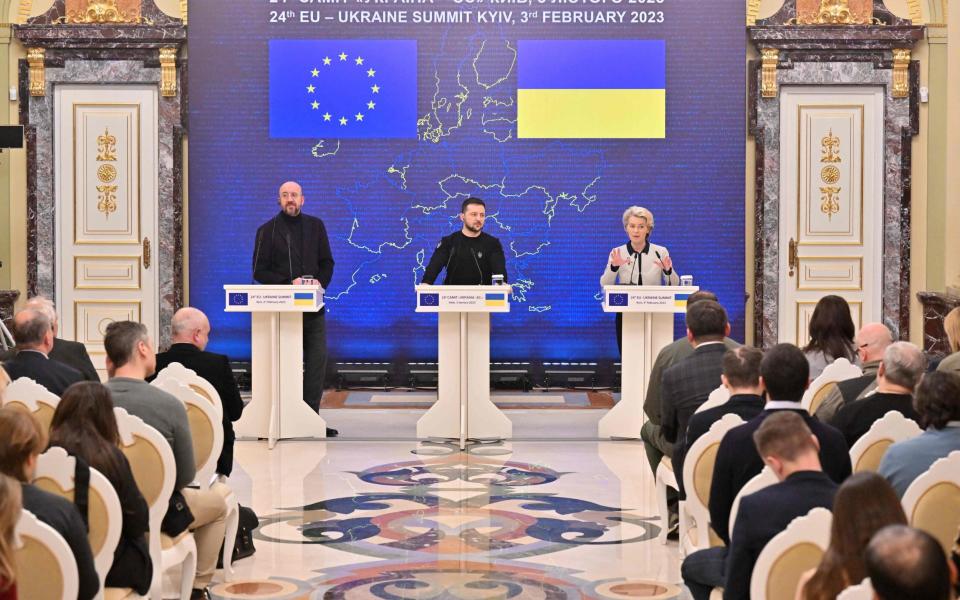 Volodymyr Zelensky, European Council President Charles Michel, left, and President of the European Commission Ursula von der Leyen, right, give a joint press conference during an EU-Ukraine summit in Kyiv last week - Sergei Supinsky/AFP