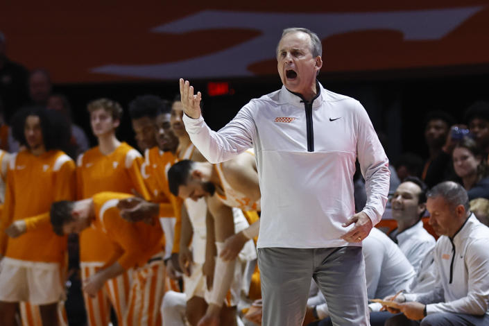 Tennessee coach Rick Barnes gestures during the first half of the team's NCAA college basketball game against Texas on Saturday, Jan. 28, 2023, in Knoxville, Tenn. (AP Photo/Wade Payne)