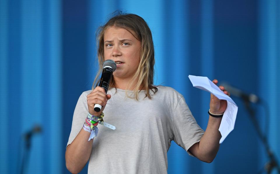 Greta Thunberg delivering a speech at Glastonbury - Leon Neal/Getty 