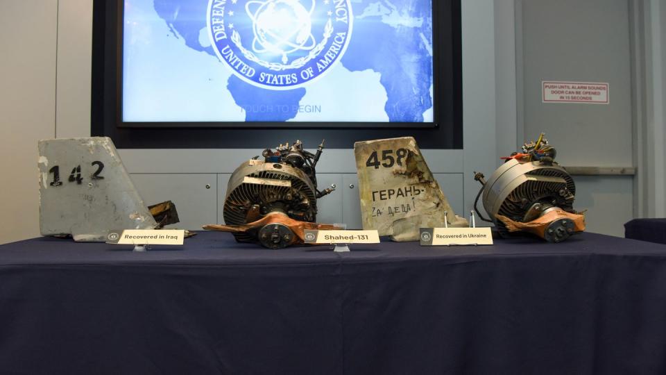 Damaged engines and other pieces of drones recovered from Iraq and Ukraine are on display at the Defense Intelligence Agency headquarters in Washington, D.C., on Aug. 23, 2023. (Courtesy of the U.S. Defense Intelligence Agency)