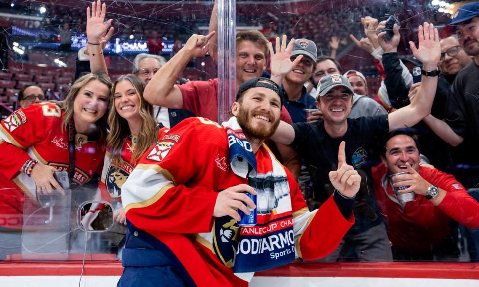 Florida Panthers left wing Matthew Tkachuk (19) celebrates with fans after defeating the Edmonton Oilers in Game 7 of the Stanley Cup Final at Amerant Bank Arena on Monday, June 24, 2024, in Sunrise, Fla.