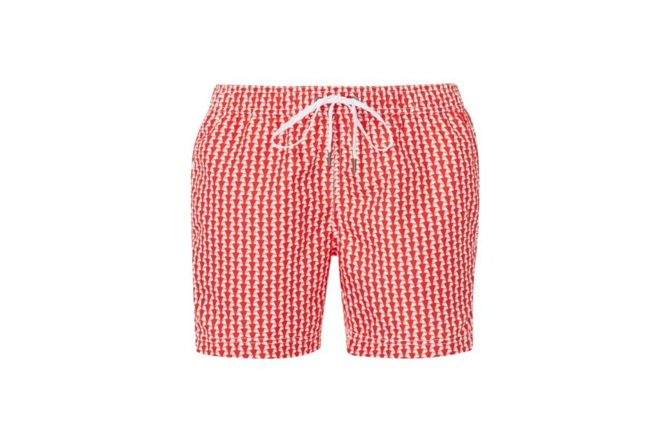 Onia "Charles" geometric-print swim trunks (was $220, 30% off)