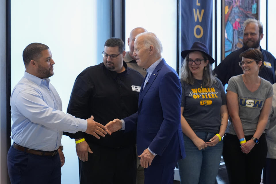 President Joe Biden greeting steelworkers at United Steelworkers Headquarters, Wednesday, April 17, 2024, in Pittsburgh, Pa. (AP Photo/Alex Brandon)