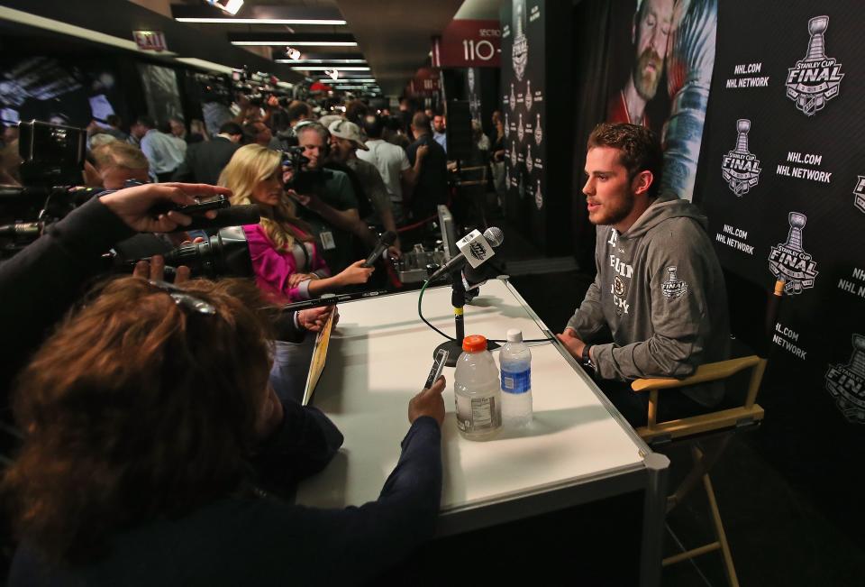CHICAGO, IL - JUNE 11:  Tyler Seguin of the Boston Bruins answers questions during the 2013 NHL Stanley Cup media day at the United Center on June 11, 2013 in Chicago, Illinois.  (Photo by Jonathan Daniel/Getty Images)