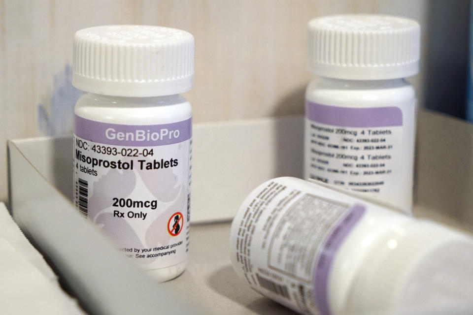 FILE - Bottles of the drug misoprostol sit on a table at the West Alabama Women's Center, March 15, 2022, in Tuscaloosa, Ala. Louisiana lawmakers have approved a first-of-its-kind bill that would classify two abortion-inducing drugs as a controlled and dangerous substance. The final Senate vote Thursday, May 23, 2024, came despite widespread criticism from doctors, who note that the drugs have other critical reproductive health care uses. (AP Photo/Allen G. Breed, File)