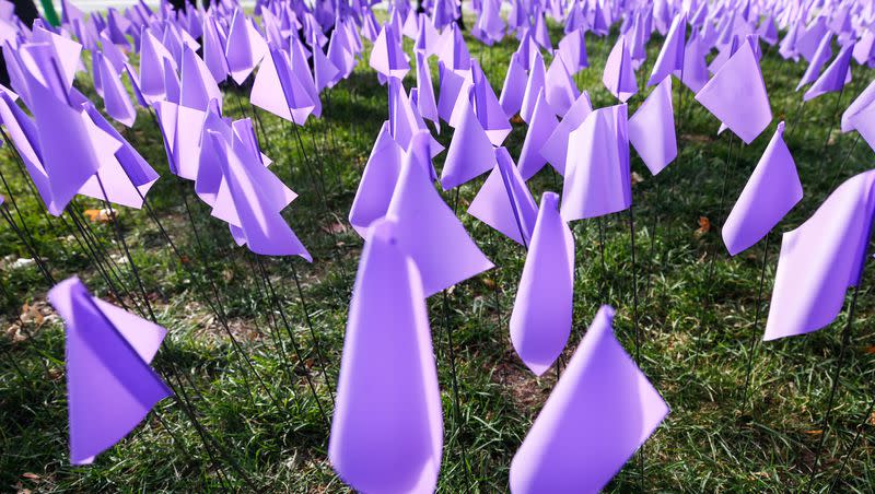 Purple flags are planted at Liberty Park in Salt Lake City on Saturday, Oct. 17, 2020, to recognize victims of domestic violence.
