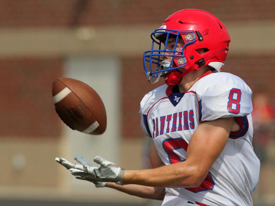 Licking Valley's Marshall Carr catches a pass during a scrimmage against visiting Utica on Saturday, August 5, 2023.