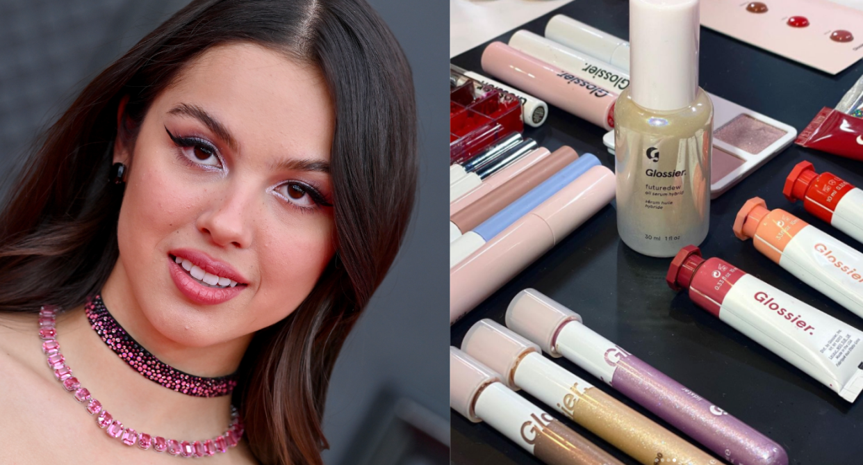 Olivia Rodrigo took the 2022 Grammys by storm in a full face of Glossier makeup. Photos by Axelle/Bauer-Griffin/FilmMagic, Instagram/Lilly_Keys.