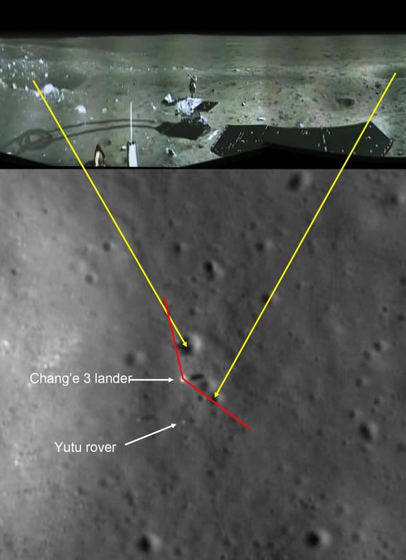 This panorama shows China's Chang'e 3 moon lander and its Yutu lunar rover shortly after it drove down the ramp to the surface. Yellow lines connect craters seen in the panorama and the LROC image (taken later after the rover had moved by the L