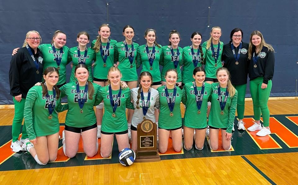 Eureka Middle School won the Illinois Elementary School Association Class 3A eighth-grade volleyball state championship in March 2024 in Pana.