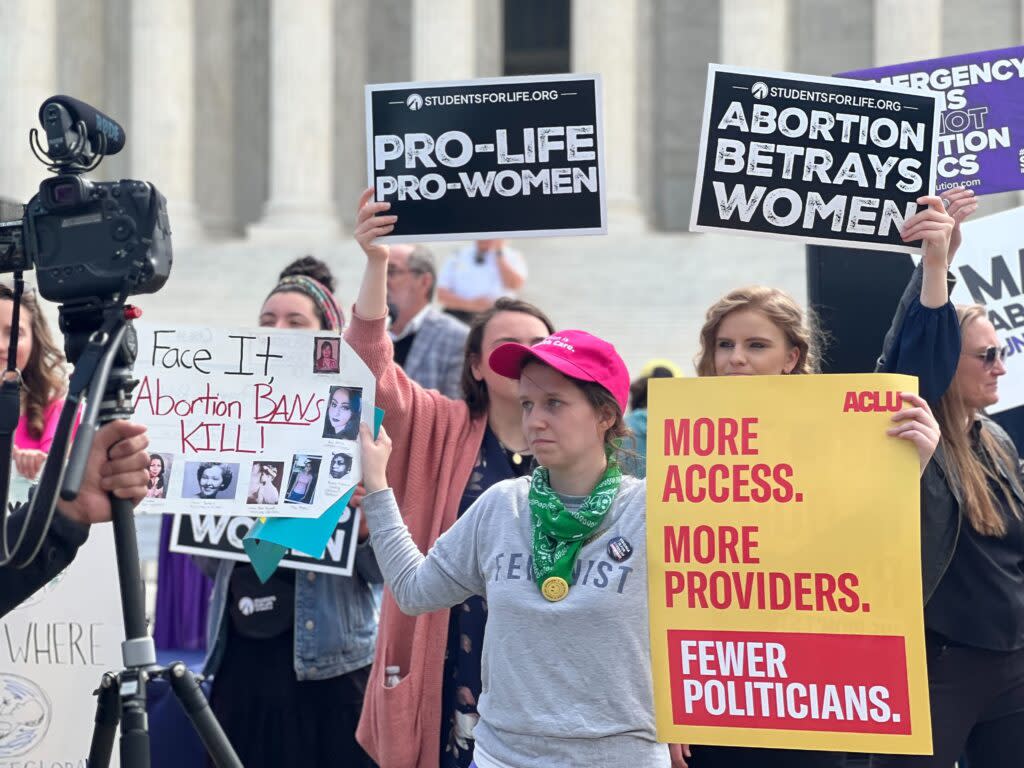 Protesters gather outside the U.S. Supreme Court on April 24, 2024, while justices hear oral arguments about whether federal law protects emergency abortion care. (Sofia Resnick/States Newsroom)