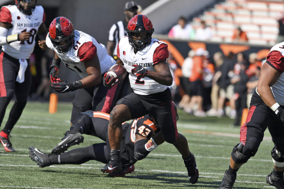 San Diego State running back Jaylon Armstead (2) rushes during the second half of an NCAA college football game against Oregon State, Saturday, Sept. 16, 2023, in Corvallis, Ore. Oregon State won 26-9. (AP Photo/Mark Ylen)