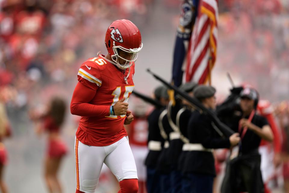 Chiefs quarterback Patrick Mahomes runs on the field before the start of an NFL preseason game against the Cleveland Browns, Saturday, Aug. 26, 2023, in Kansas City, Mo.