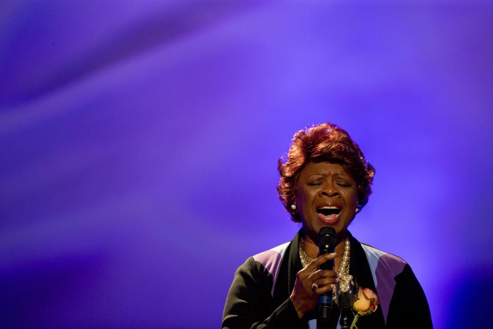 FILE - In this Nov. 20, 2015 file photo, New Orleans rhythm and blues singer Irma Thomas performs at funeral tribute for New Orleans songwriter and recording artist Allen Toussaint in New Orleans, Friday, Nov. 20, 2015. Thomas has been a regular performer at the New Orleans Jazz & Heritage Festival since 1974, and is playing the festival again this year. (AP Photo/Gerald Herbert, File)