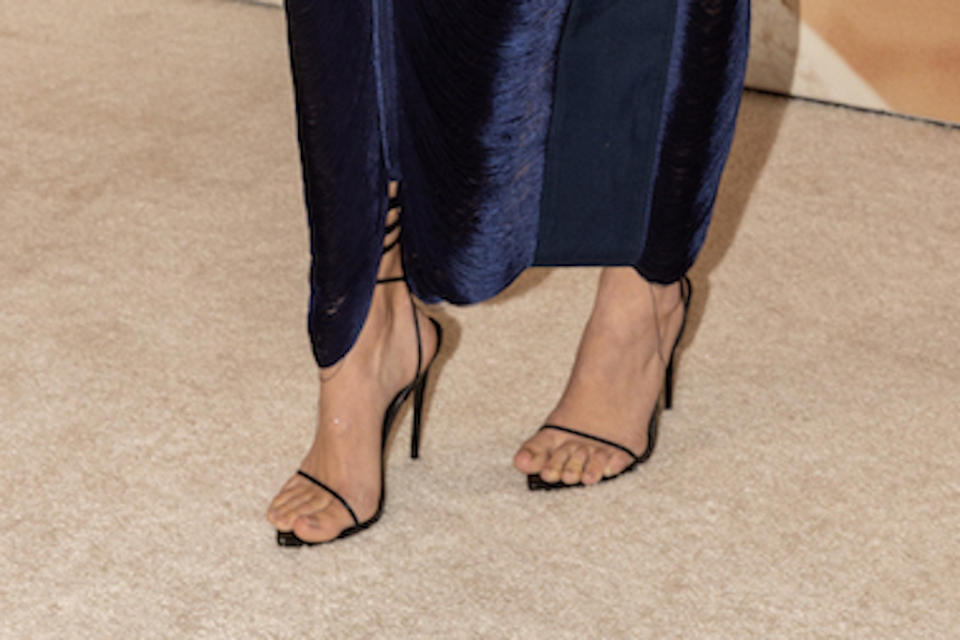 A closer look at Charli D’Amelio’s black strappy sandals. - Credit: Christopher Polk for Variety