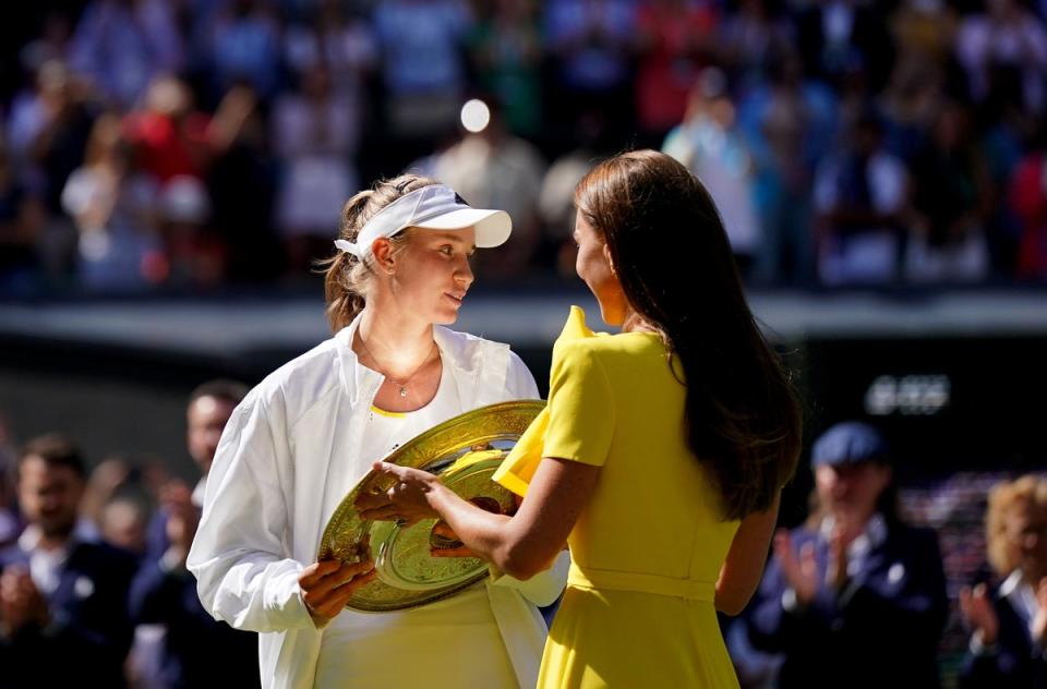 Elena Rybakina is presented with the The Venus Rosewater Dish by The Duchess of Cambridge following victory over Ons Jabeur in The Final of the Ladies’ Singles on day thirteen of the 2022 Wimbledon Championships at the All England Lawn Tennis and Croquet Club, Wimbledon. Picture date: Saturday July 9, 2022. (PA Wire)