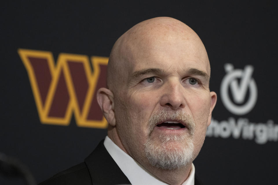 Washington Commanders new head coach Dan Quinn speaks during an NFL football news conference at Commanders Park in Ashburn, Va., Monday, Feb. 5, 2024. (AP Photo/Manuel Balce Ceneta)