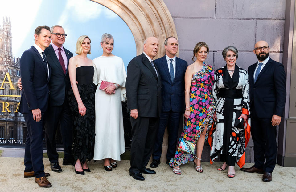 Jason Cassidy, Hugh Bonnevile, Laura Carmichael, Elizabeth McGovern, Julian Fellowes, Kevin Doyle, Raquel Cassidy, Phyllis Logan, and Peter Kujawski - Credit: Hatnim Lee/FilmMagic