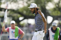 Akshay Bhatia reacts to a birdie putt on the 18th hole during the final round of the Texas Open golf tournament, Sunday, April 7, 2024, in San Antonio. Bhatia defeated Denny McCarthy in a playoff. (AP Photo/Eric Gay)