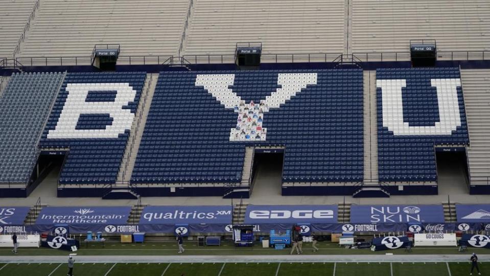 FLaVell Edwards Stadium is empty of fans, during the coronavirus pandemic, before an NCAA college football game between BYU and Troy on Saturday, Sept. 26, 2020, in Provo, Utah. (AP Photo/Rick Bowmer, Pool File)