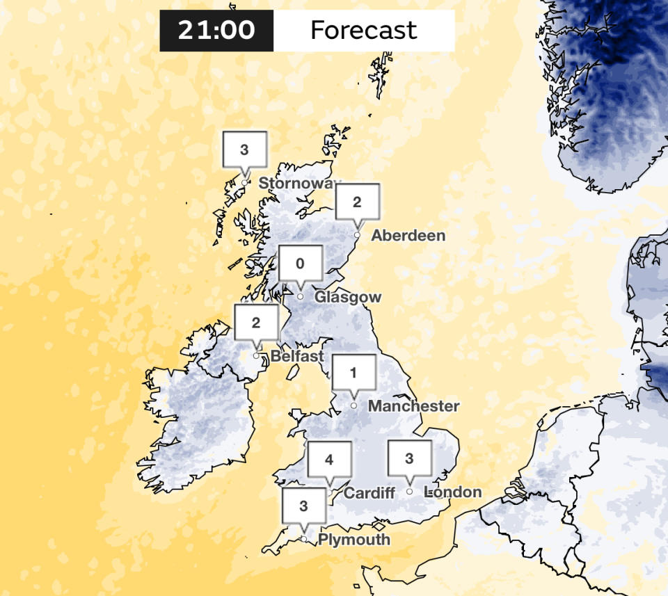 Temperature forecast for 9pm Thursday. (Met Office)