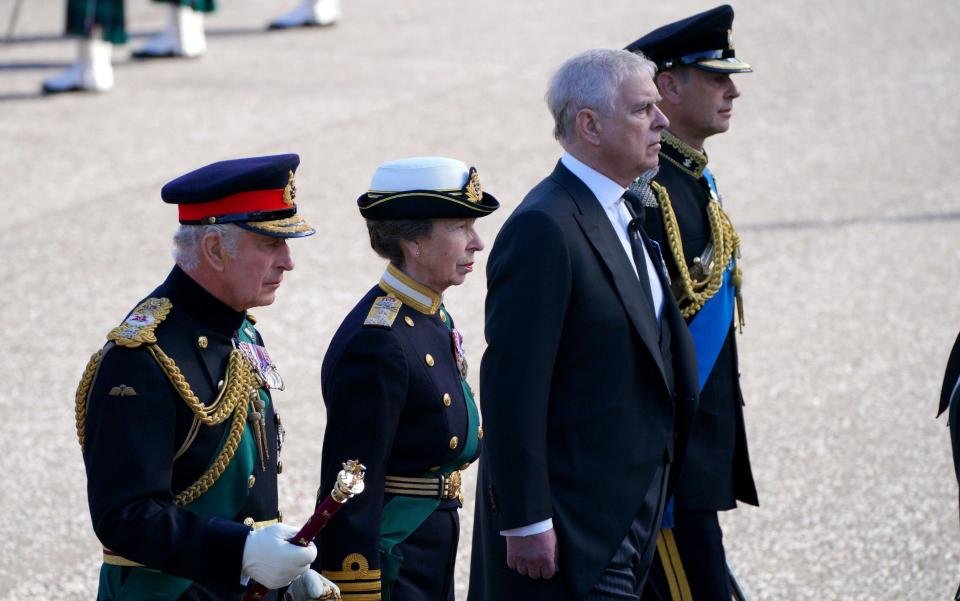 King Charles III, the Princess Royal, Prince Andrew and the Earl of Wessex walk behind Queen Elizabeth II's coffin - Jon Super/PA