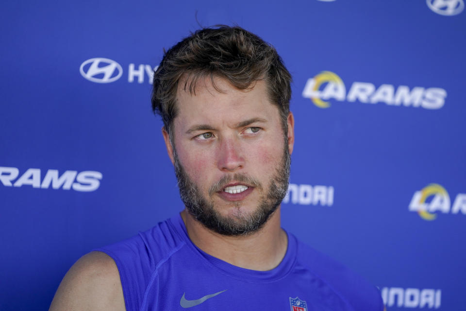 Los Angeles Rams quarterback Matthew Stafford speaks in a press conference after a joint NFL football practice with the Las Vegas Raiders, Wednesday, Aug. 16, 2023, in Thousand Oaks, Calif. (AP Photo/Ryan Sun)