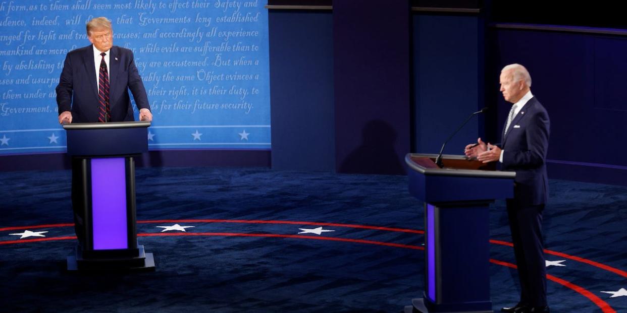 U.S. President Donald Trump and Democratic presidential nominee Joe Biden participate in their first 2020 presidential campaign debate in Cleveland