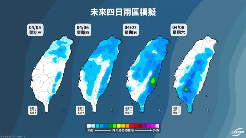 氣象粉專《台灣颱風論壇｜天氣特急》發文貼出未來4日的雨區模擬圖。（圖／翻攝自《台灣颱風論壇｜天氣特急》臉書粉專）