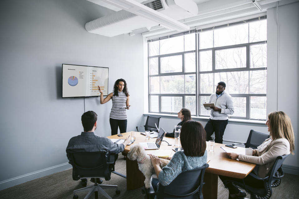 Image of a founder explaining contents of a pitch deck during a board meeting.