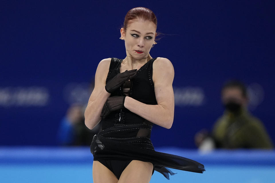 Alexandra Trusova, of the Russian Olympic Committee, competes in the women's free skate program during the figure skating competition at the 2022 Winter Olympics, Thursday, Feb. 17, 2022, in Beijing. (AP Photo/David J. Phillip)